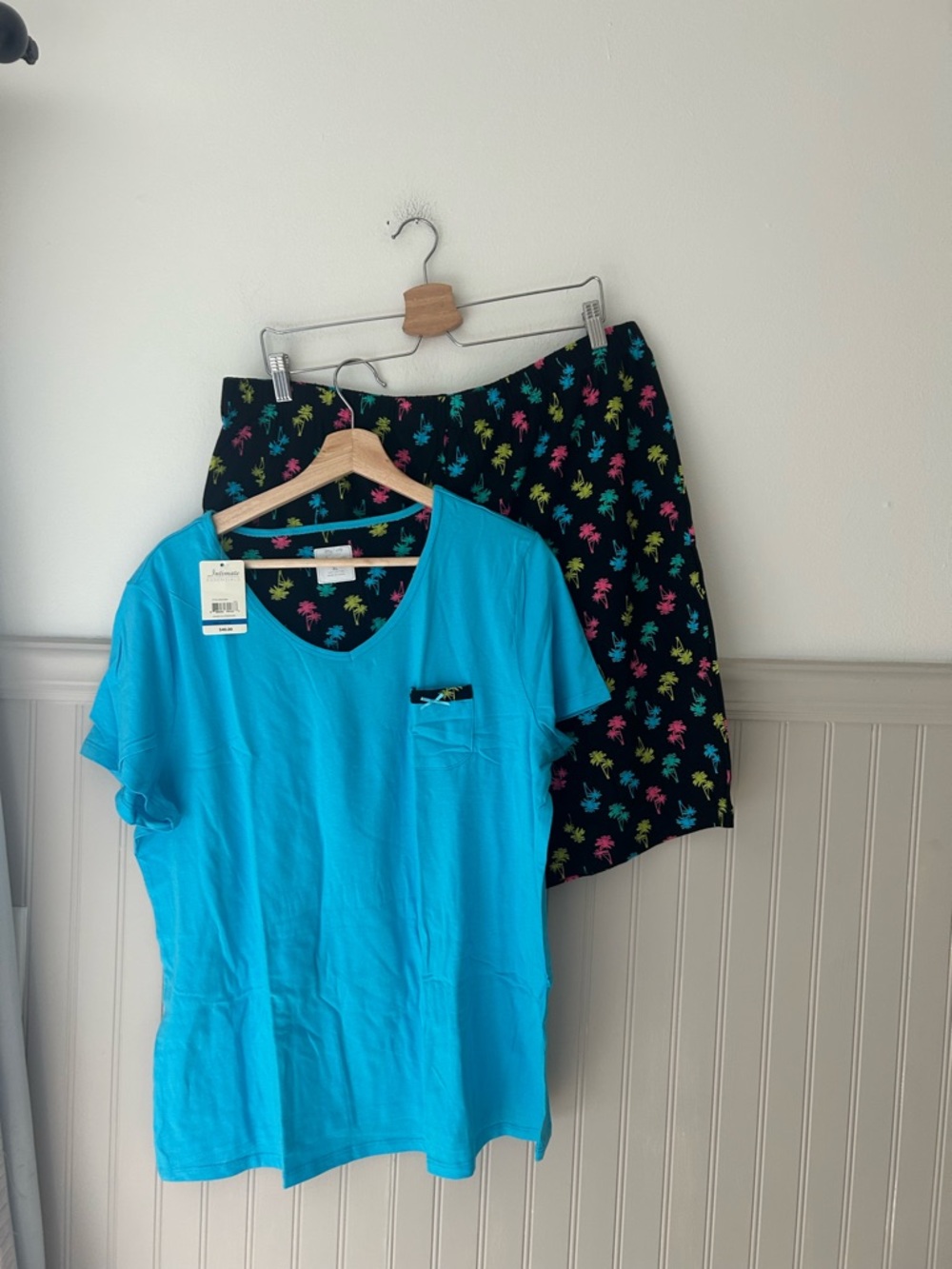⭐️ NEW Intimate Essentials XL Short Sleeve Pajama Top Black Palm Tree Shorts Set